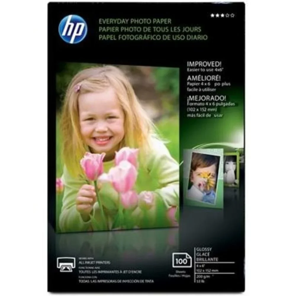 HP Everyday Photo Paper, Glossy, 52 Lb, 4 X 6 in. (101 X 152 Mm), 100 Sheets